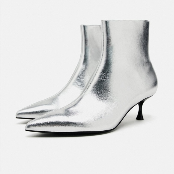 Zara Metallic Kitten Heel Ankle Boots Metallic Effect Thin Heel Pointed Toe NWT - Picture 4 of 11